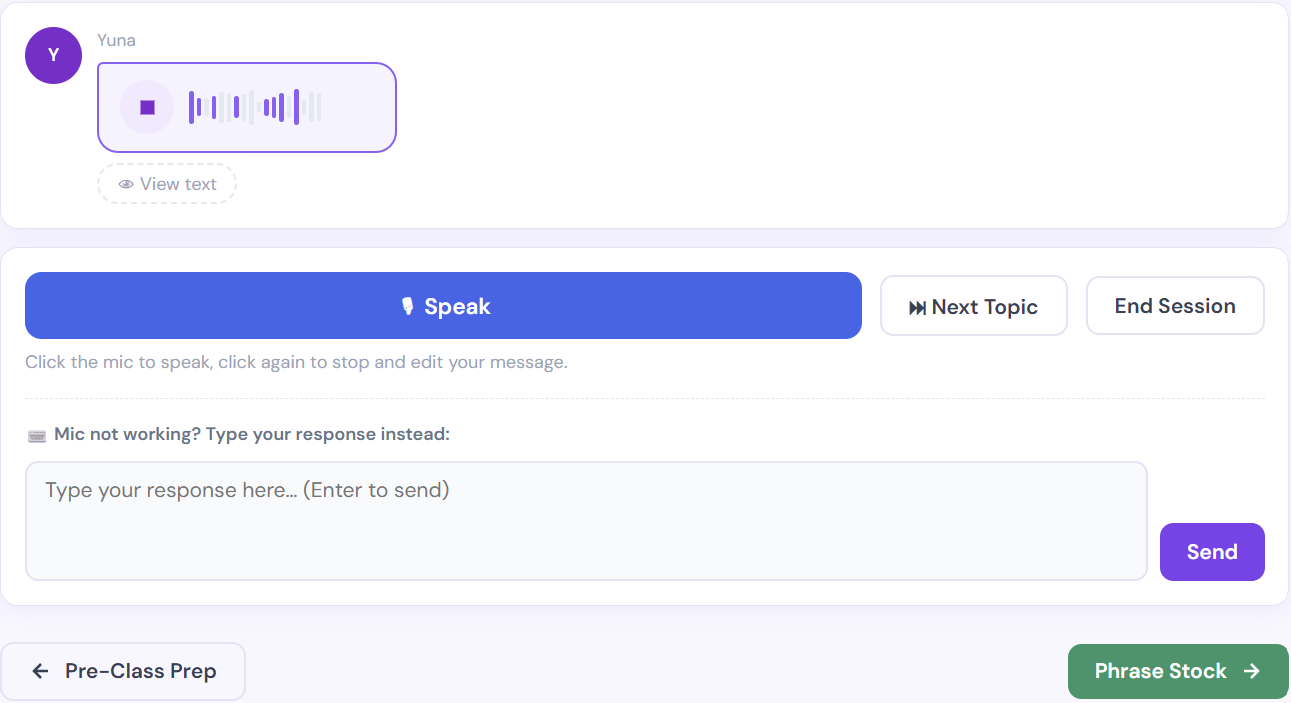 Discuss Ready voice rehearsal interface showing a learner's recorded audio response, the Speak button, and Next Topic and End Session controls.
