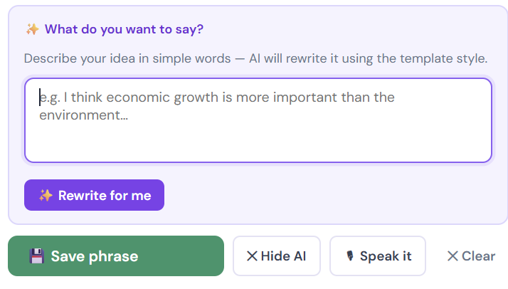 Discuss Ready sentence preparation tool showing the 'What do you want to say?' prompt and the Rewrite for me feature that refines the learner's phrasing.