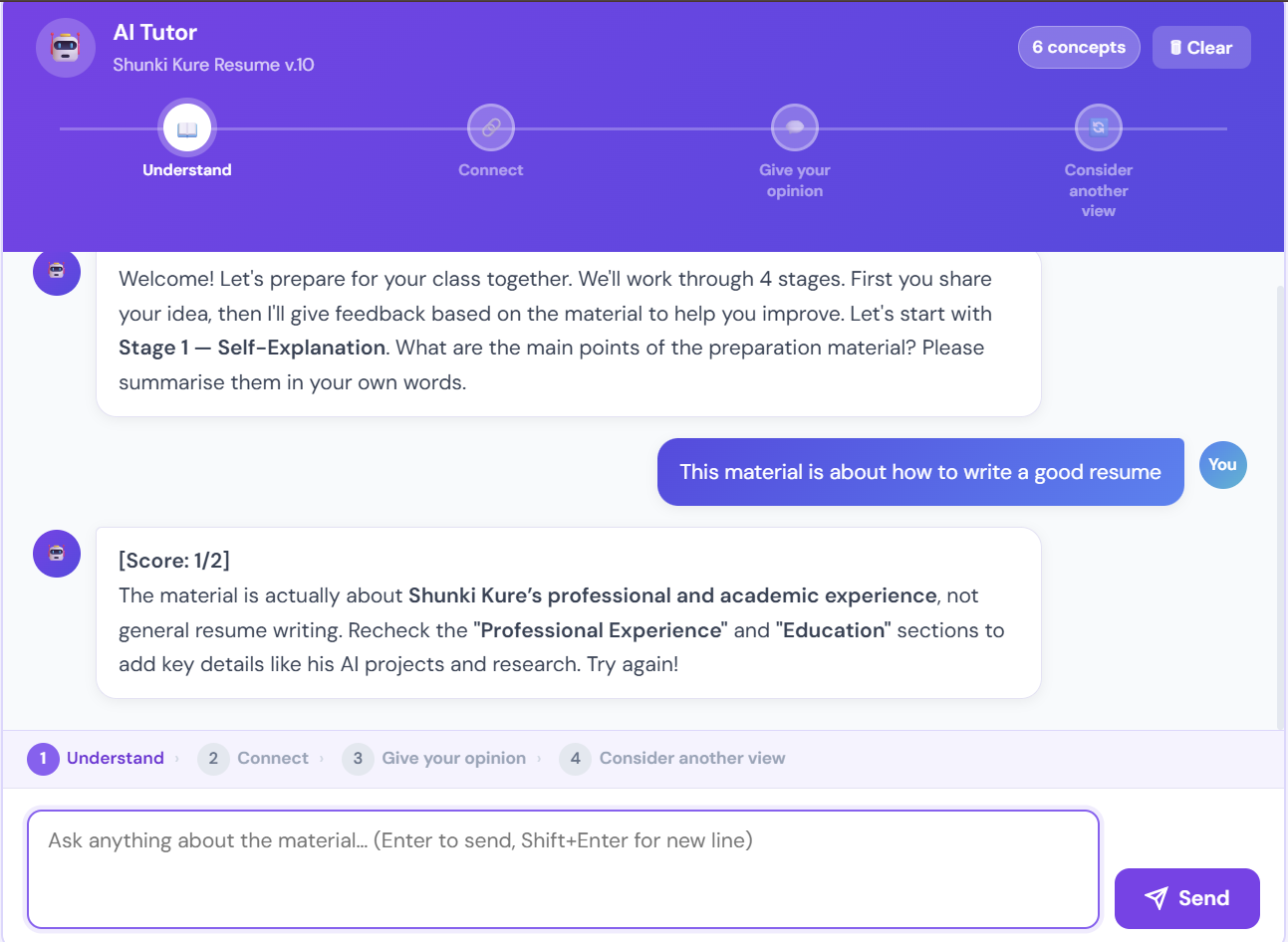 Discuss Ready AI Tutor interface showing a learner's self-explanation response scored 1 out of 2, with feedback guiding the student to revise their answer using the material's actual content.